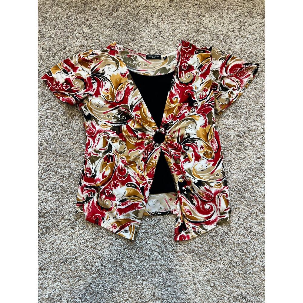 Vintage Notations Y2K Top Cropped Stretch Paisley Abstract Keyhole Boho Whimsy